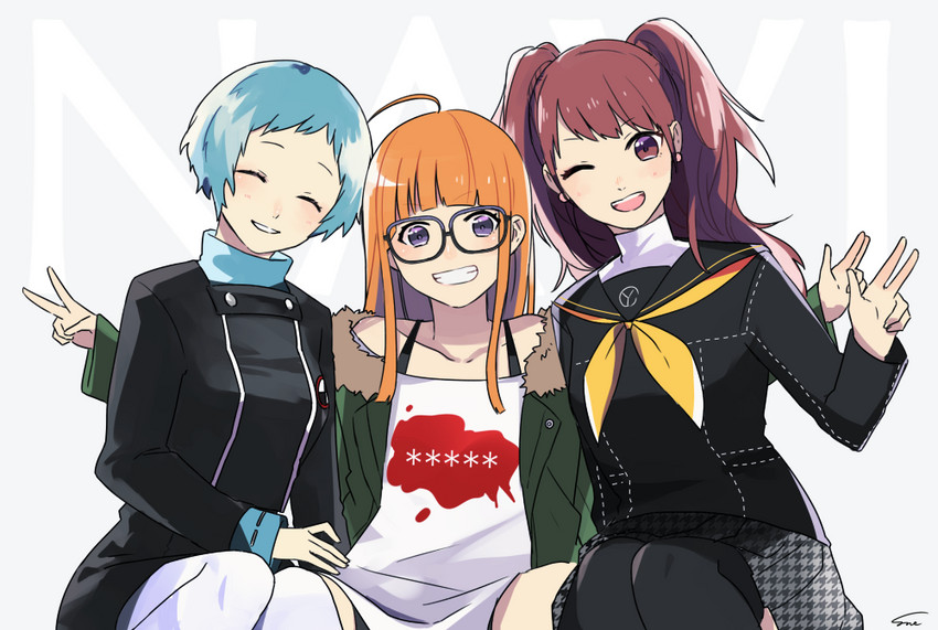 kujikawa rise, sakura futaba, and yamagishi fuuka (persona and 3 more) drawn by konbanha06