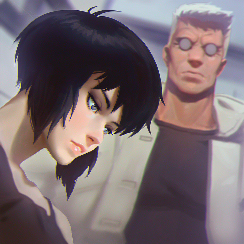 kusanagi motoko and batou (ghost in the shell) drawn by ilya_kuvshinov