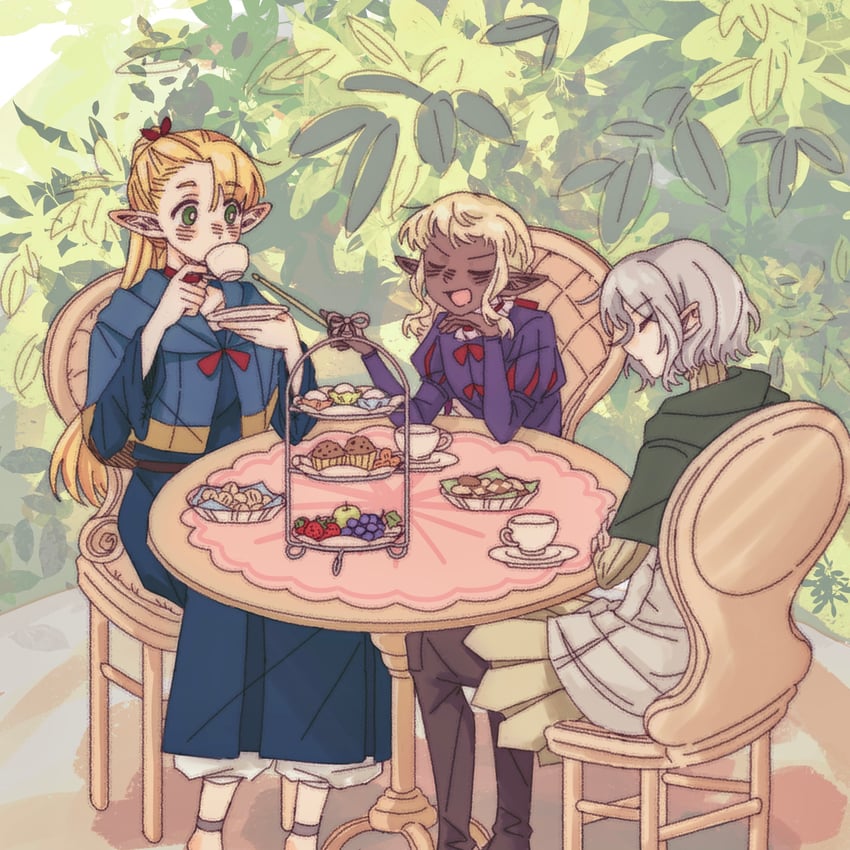 marcille donato, mithrun, and thistle (dungeon meshi) drawn by jiebiandeyegou77649