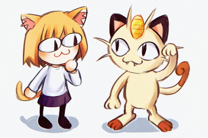 meowth and neco-arc (pokemon and 1 more) drawn by ch3wry