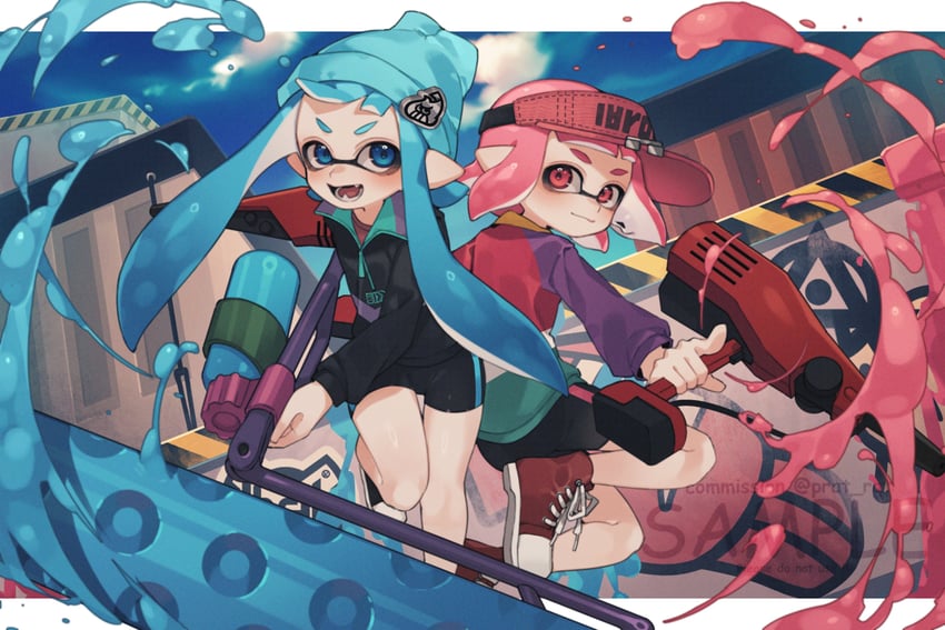 inkling player character and inkling girl (splatoon) drawn by prat_rat