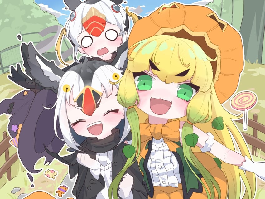 atlantic puffin, jack-o'-lantern, and tufted puffin (kemono friends and 1 more) drawn by sarutori