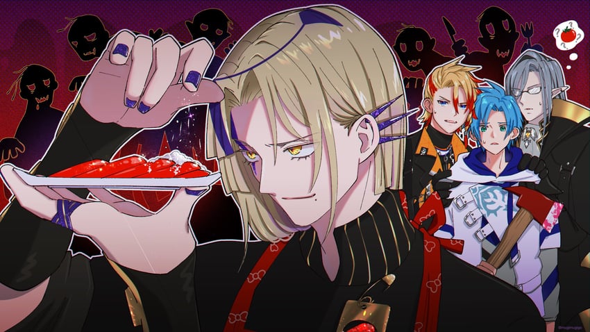 regis altare, axel syrios, magni dezmond, and noir vesper (holostars and 1 more) drawn by mugimugigo