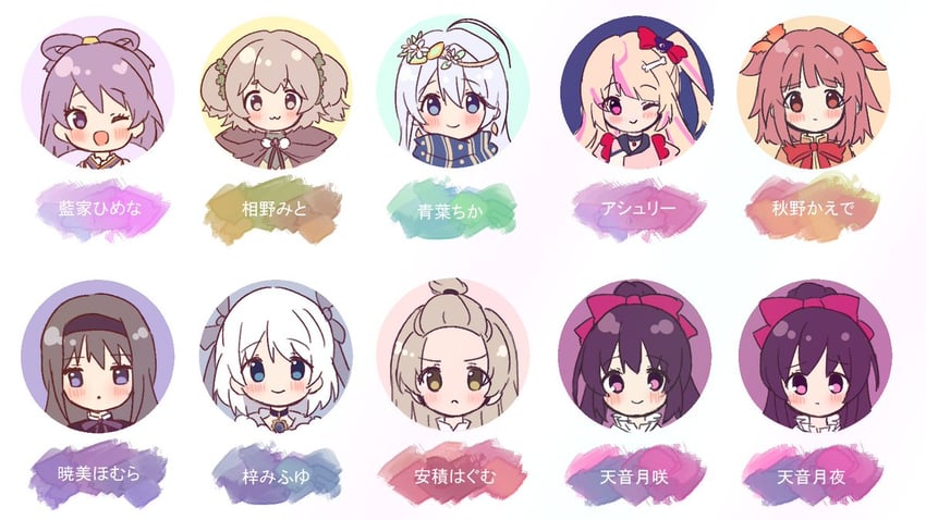 akemi homura, azusa mifuyu, akino kaede, aika himena, aoba chika, and 5 more (mahou shoujo madoka magica and 1 more) drawn by ruru_(rurumagi)