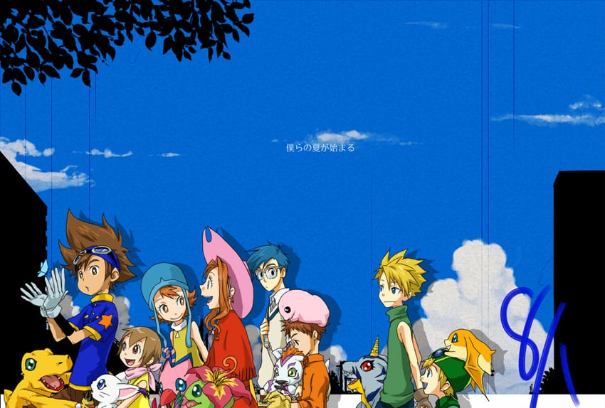 tailmon, agumon, tachikawa mimi, takaishi takeru, ishida yamato, and 8 more (digimon and 1 more) drawn by nanaban_zenryoku