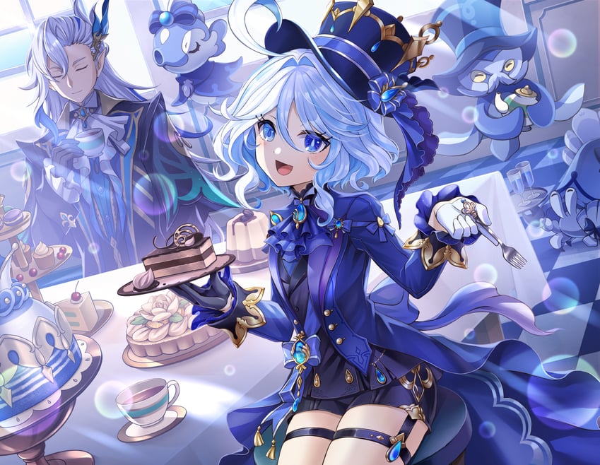 furina, neuvillette, surintendante chevalmarin, gentilhomme usher, and mademoiselle crabaletta (genshin impact) drawn by ankoro