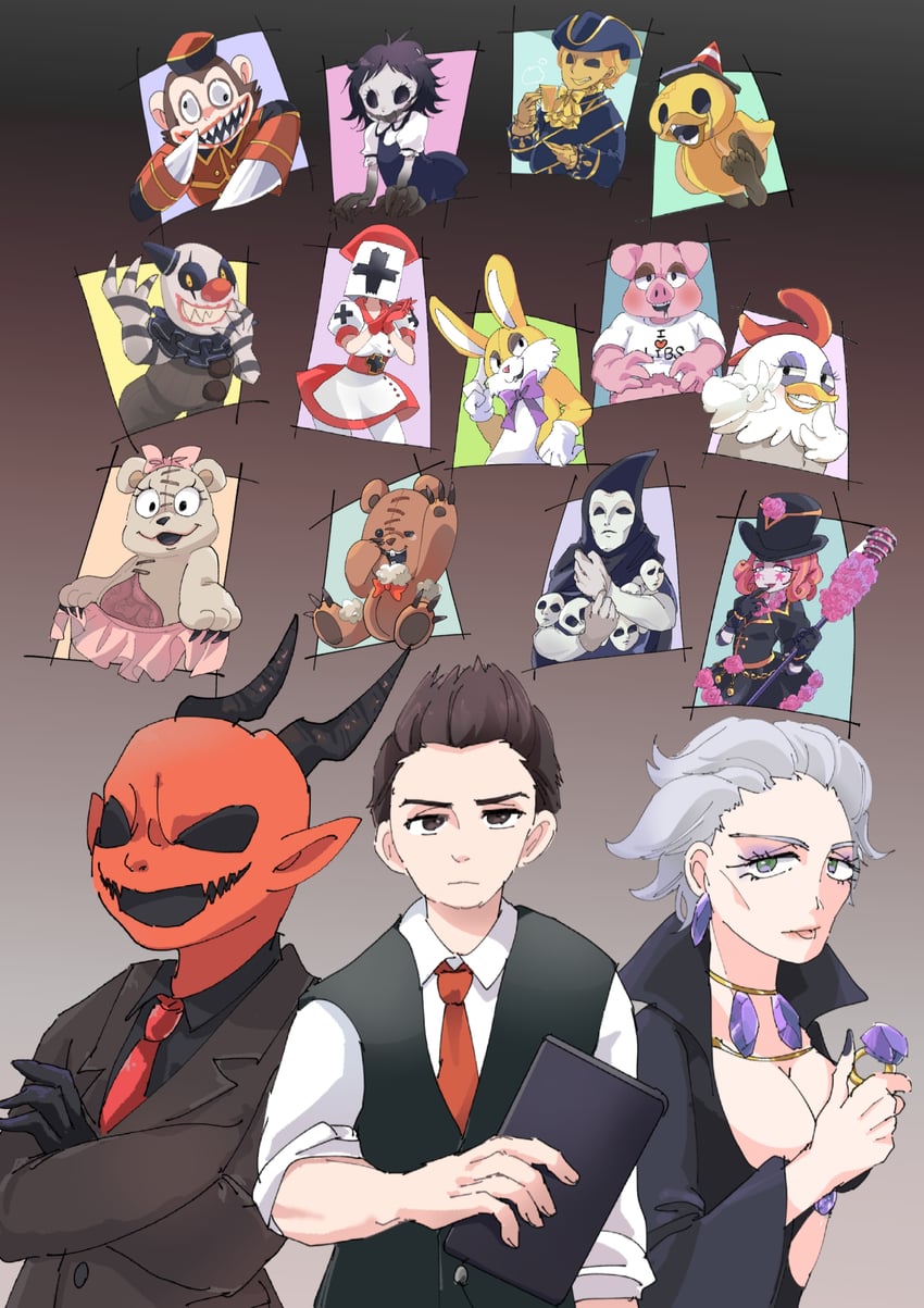 malak, penny the chicken, lucky the rabbit, agatha, dread duckies, and 11 more (dark deception) drawn by kokoniwa_(harumoka)