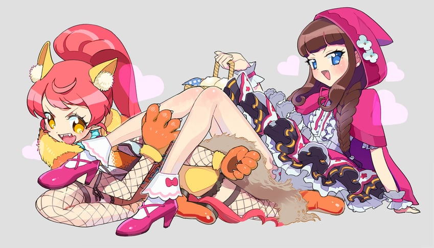 little red riding hood, big bad wolf, kurosu aroma, and shiratama mikan (pretty series and 2 more) drawn by moudoku_(decopon3rd)