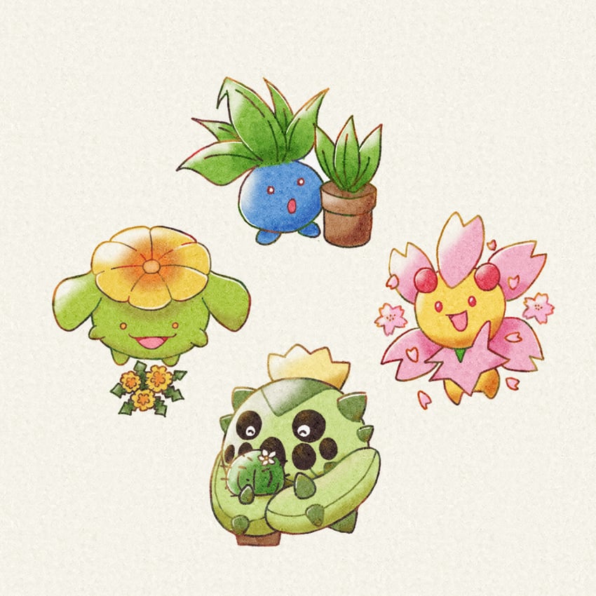 oddish, skiploom, cherrim, and cacnea (pokemon) drawn by rio_(rio0v0o)