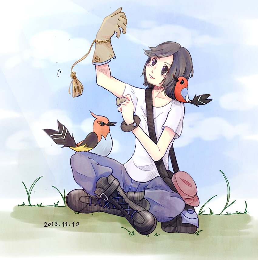 calem, fletchling, and fletchinder (pokemon and 1 more) drawn by kinoko_0801