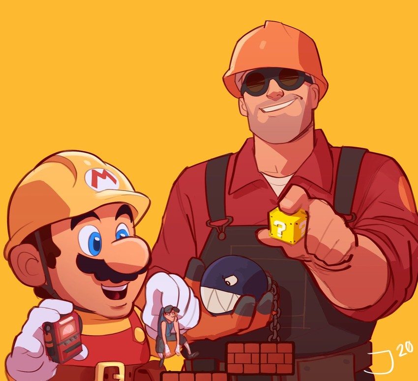 mario, chain chomp, scout, engineer, red engineer, and 2 more (mario and 2 more) drawn by flapdoodlez