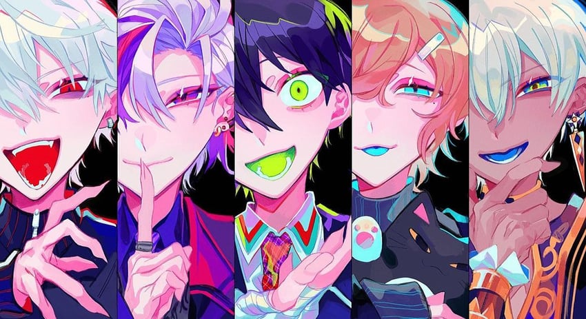 kenmochi touya, fuwa minato, kuzuha, roto, ibrahim, and 1 more (nijisanji) drawn by himanemuitoma