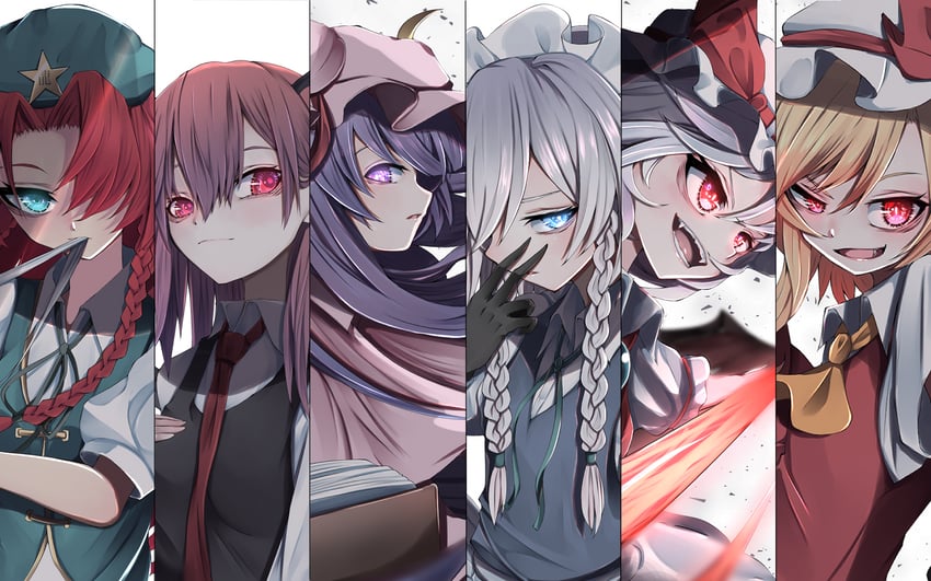 remilia scarlet, flandre scarlet, izayoi sakuya, patchouli knowledge, hong meiling, and 1 more (touhou and 1 more) drawn by kararage_tsune