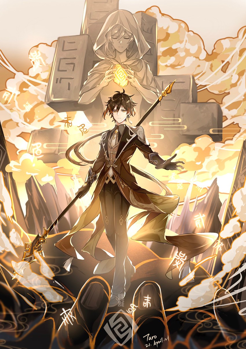 zhongli and statue of the seven (genshin impact) drawn by crackingtaro