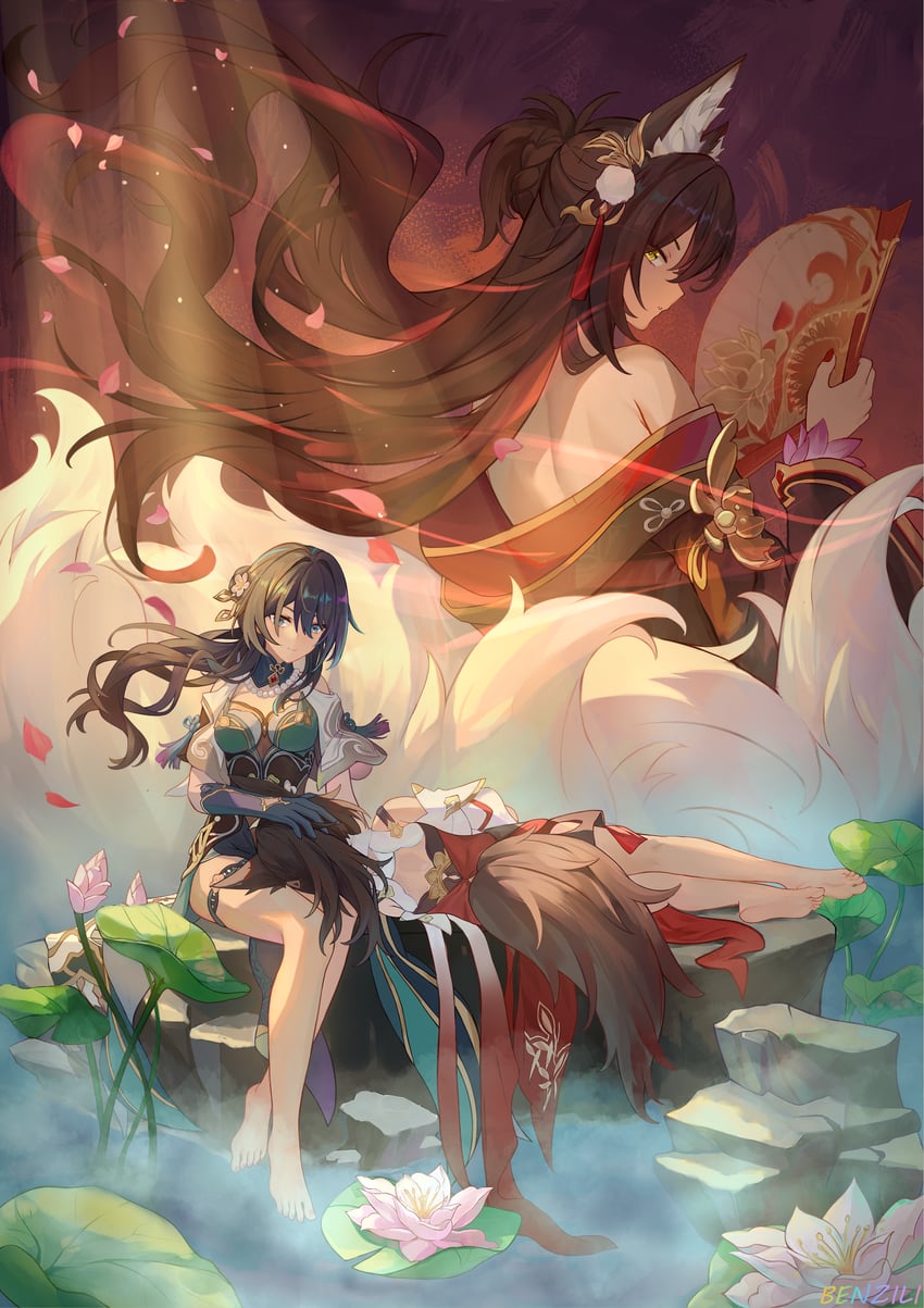 ruan mei, fugue, and tingyun (honkai and 1 more) drawn by benzi_li