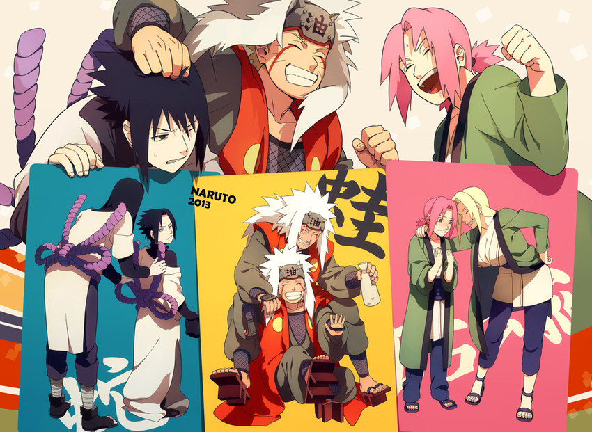 haruno sakura, uzumaki naruto, uchiha sasuke, tsunade, jiraiya, and 1 more (naruto) drawn by oba-min