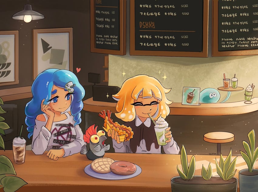 inkling player character, inkling girl, octoling player character, octoling girl, smallfry, and 1 more (splatoon) drawn by seatha