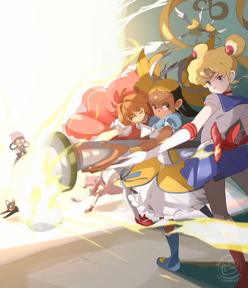 kinomoto sakura, tsukino usagi, sailor moon, kero, luna, and 6 more (bishoujo senshi sailor moon and 4 more) drawn by startboii