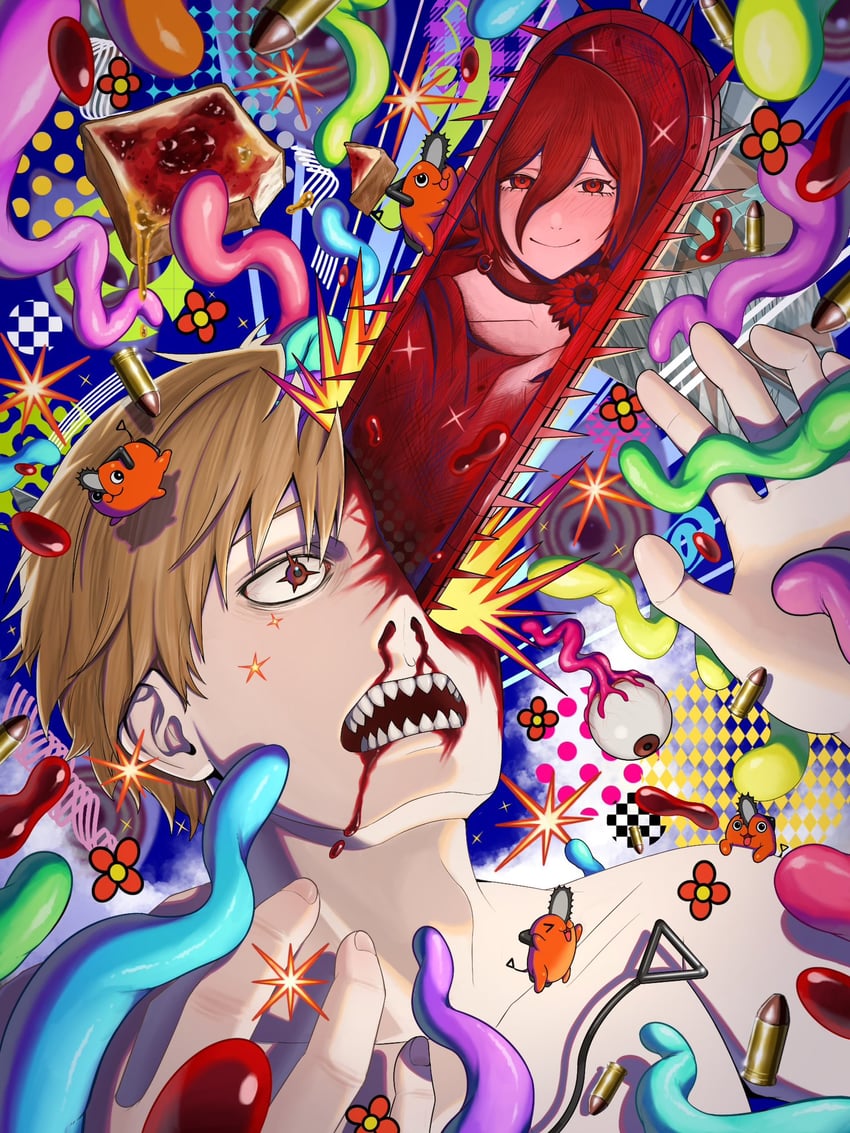 denji, reze, and pochita (chainsaw man) drawn by kanta_sushi