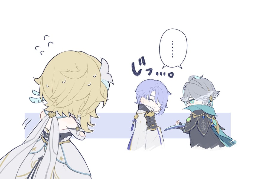 lumine, alhaitham, and kamisato ayato (genshin impact) drawn by rokuroku_6ta