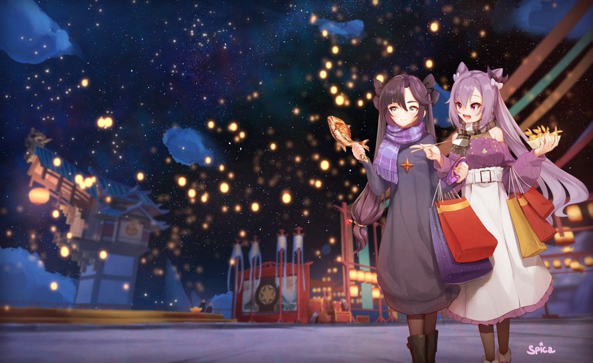 mona and keqing (genshin impact) drawn by spica_(starlitworks)