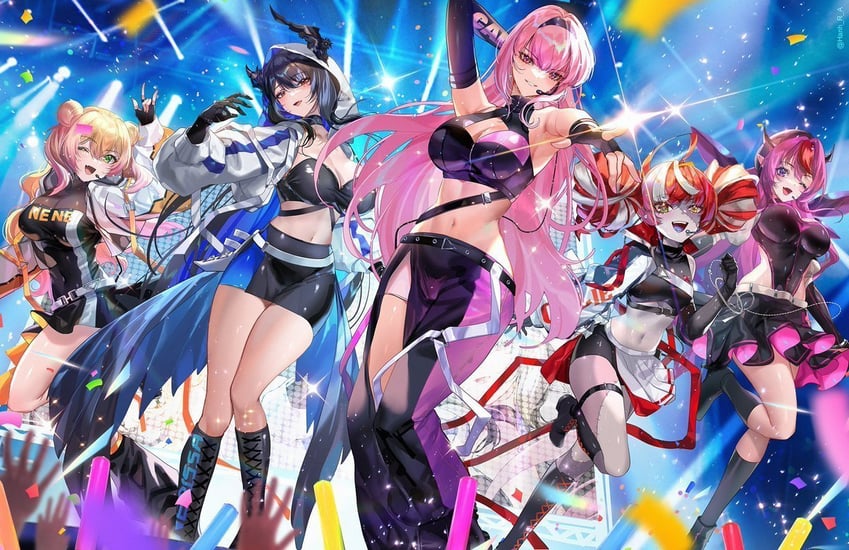 mori calliope, nerissa ravencroft, irys, momosuzu nene, and kureiji ollie (hololive and 1 more) drawn by hanh_chu