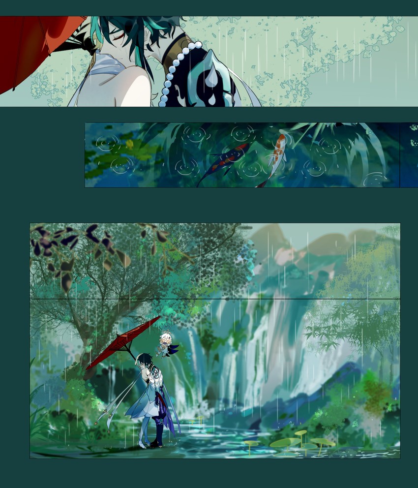 lumine, paimon, and xiao (genshin impact) drawn by esz_(bzsaro01)