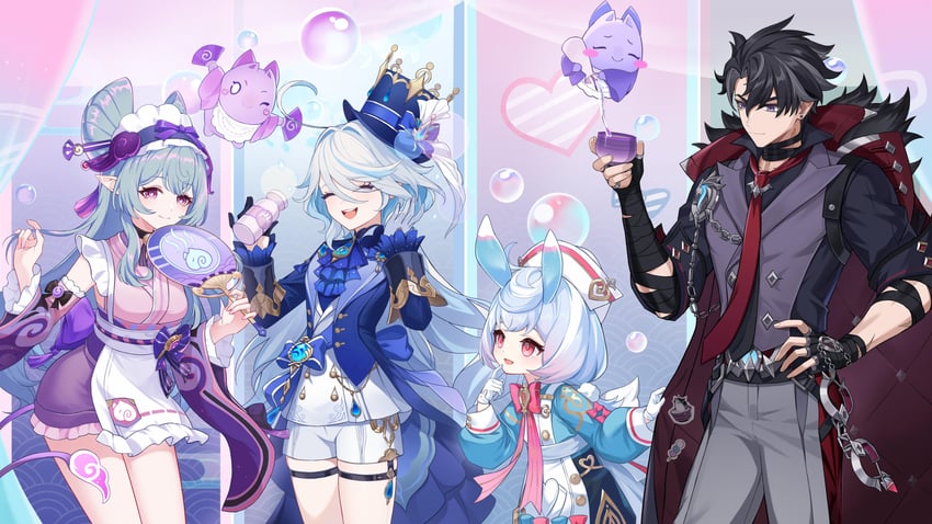 furina, wriothesley, sigewinne, and yumemizuki mizuki (genshin impact) drawn by yukiyaii