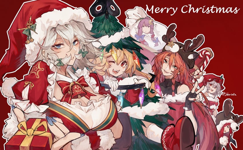 remilia scarlet, flandre scarlet, izayoi sakuya, patchouli knowledge, hong meiling, and 1 more (touhou) drawn by joker_(stjoker)