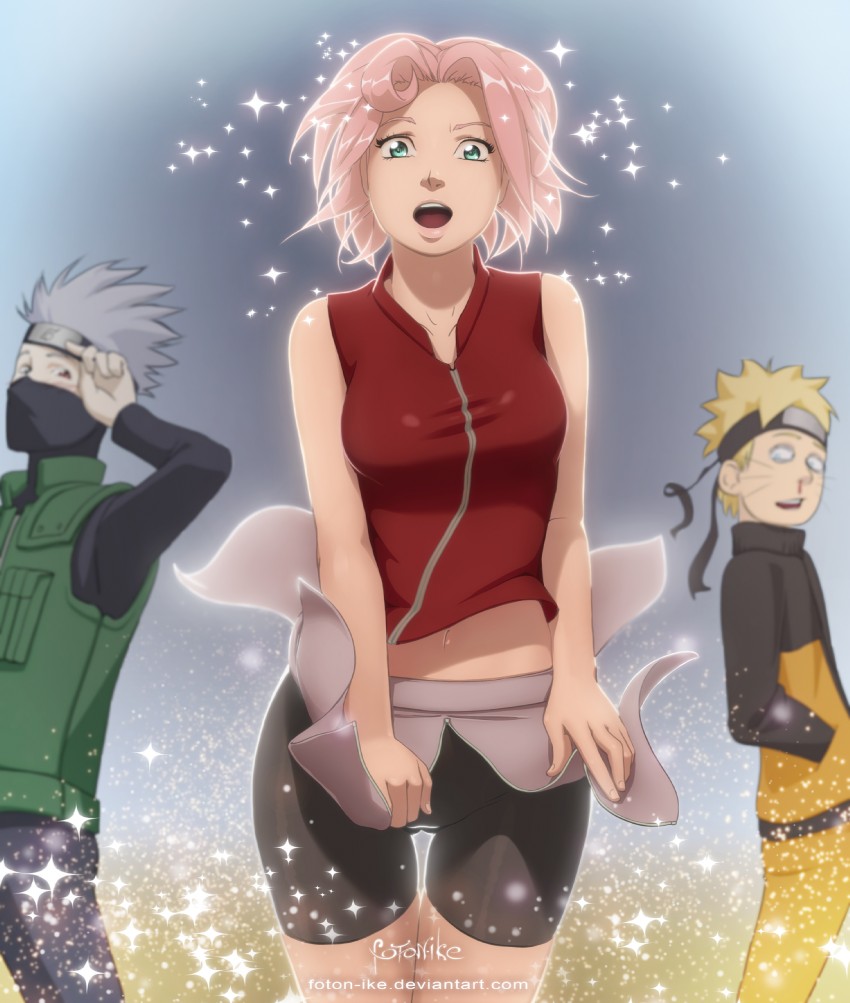 haruno sakura, uzumaki naruto, and hatake kakashi (naruto) drawn by foton-ike