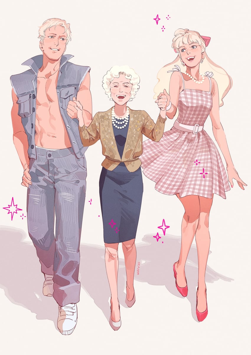 barbie, stereotypical barbie, ken, and ruth handler (real life and 1 more) drawn by worvies