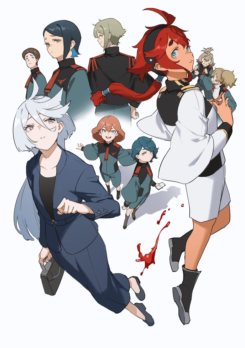 suletta mercury, miorine rembran, elan ceres, nika nanaura, felsi rollo, and 4 more (gundam and 1 more) drawn by mogumo