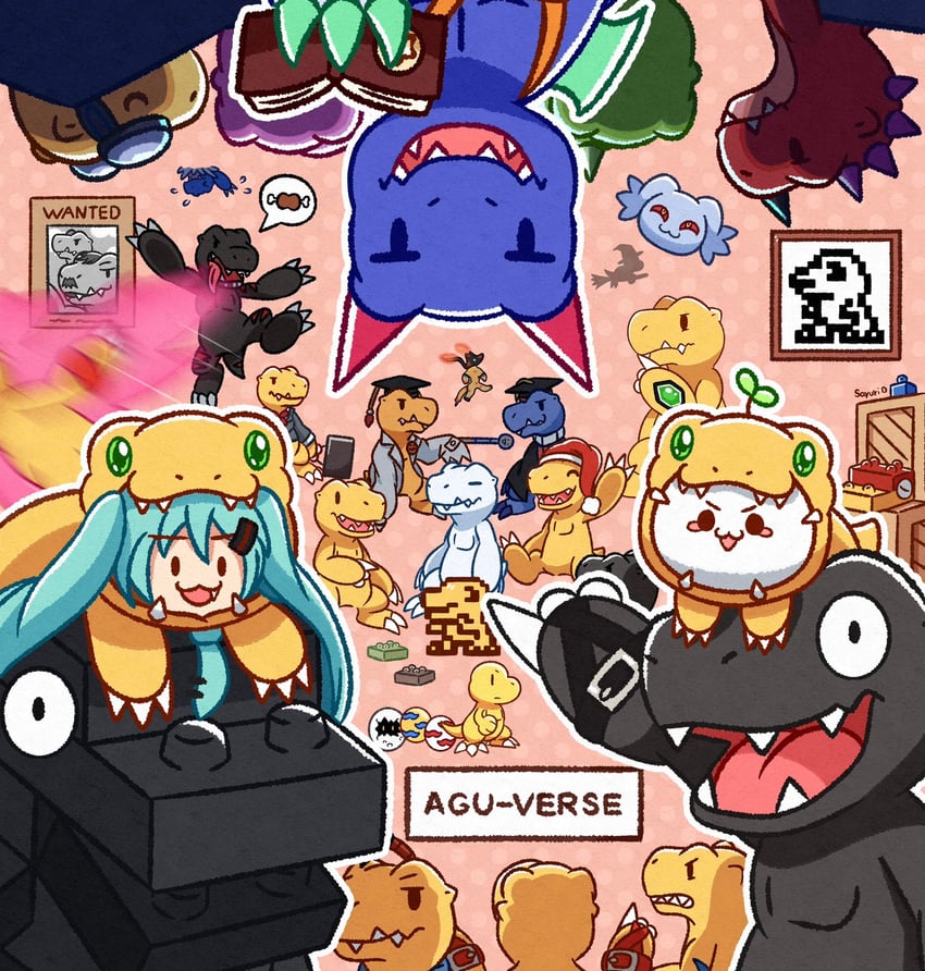 hatsune miku, agumon, guilmon, agumon hakase, agumon -yuki no kizuna-, and 13 more (vocaloid and 9 more) drawn by sayuri_d_(liliana86973943)