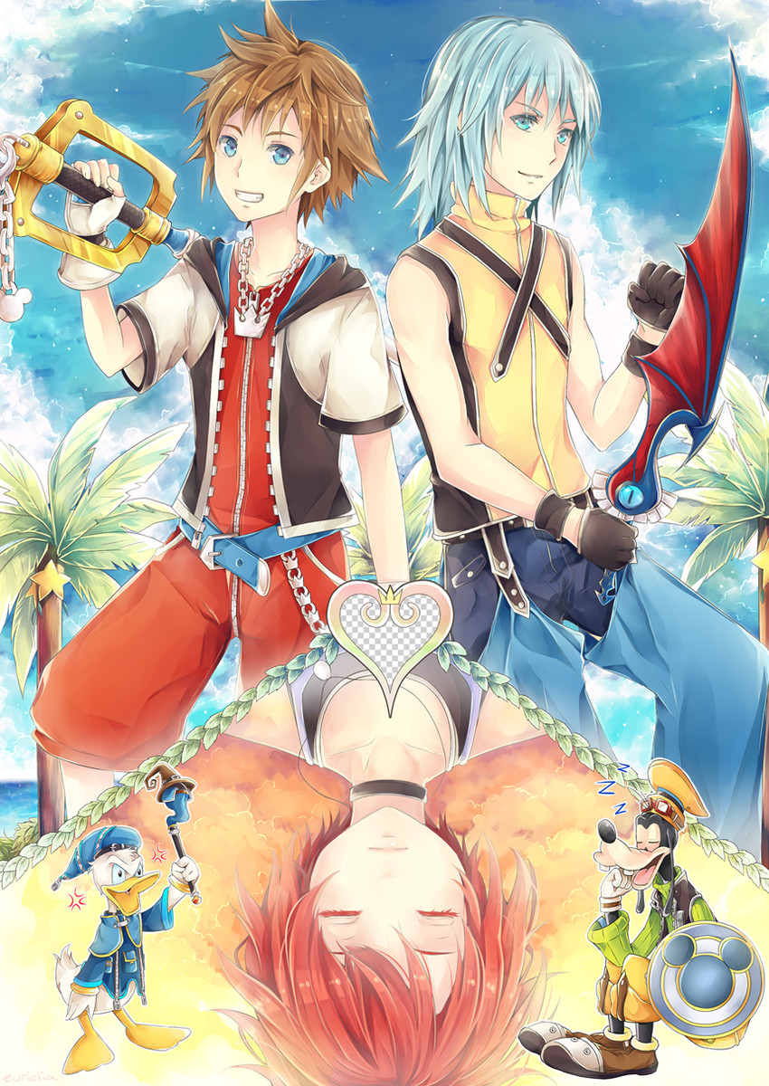 sora, kairi, riku, donald duck, and goofy (kingdom hearts and 1 more) drawn by miss-ariellia