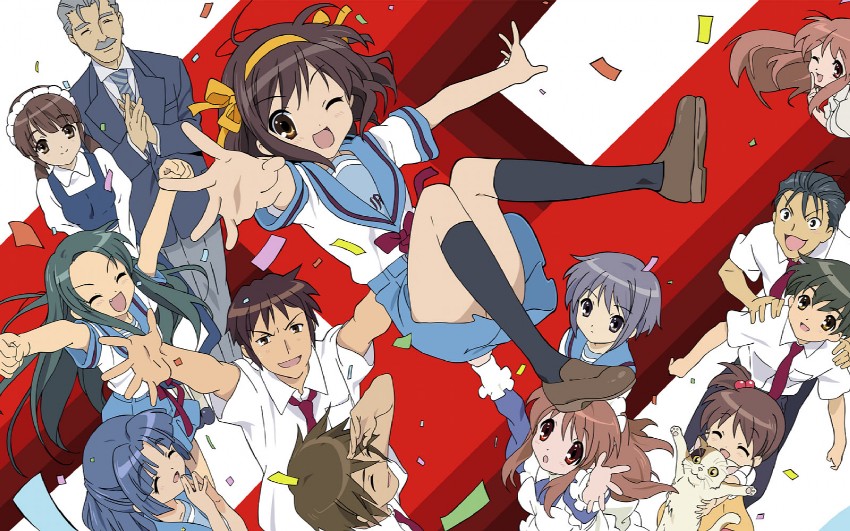 suzumiya haruhi, nagato yuki, asahina mikuru, kyon, asakura ryoko, and 8 more (suzumiya haruhi no yuuutsu and 1 more) drawn by horiguchi_yukiko