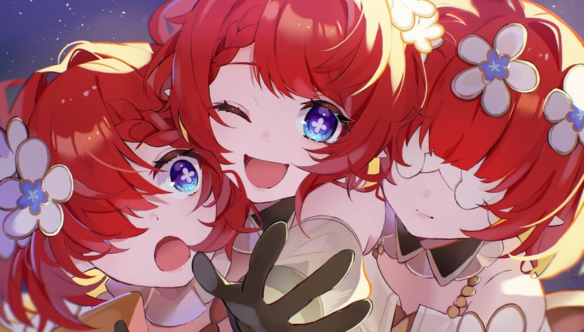 tribbie, trianne, and trinnon (honkai and 1 more) drawn by tautani