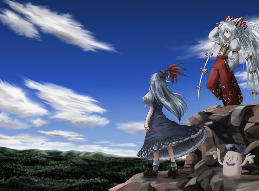 fujiwara no mokou, kamishirasawa keine, and yagokoro (touhou) drawn by marumen