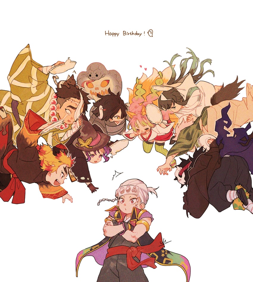 kochou shinobu, kanroji mitsuri, rengoku kyoujurou, tomioka giyuu, tokitou muichirou, and 5 more (kimetsu no yaiba) drawn by and_rira