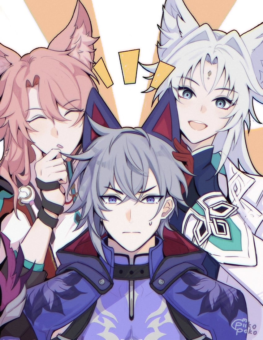 feixiao, jiaoqiu, and moze (honkai and 1 more) drawn by ash_(piikoarts) and ashley_(piikopoko)