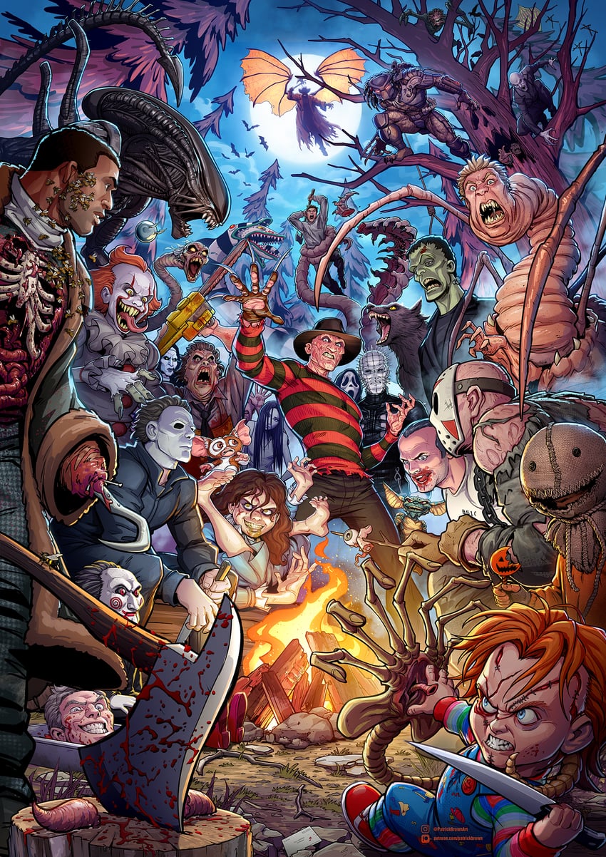 yamamura sadako, pyramid head, jason voorhees, xenomorph, predator, and 17 more (the ring and 27 more) drawn by patrick_brown