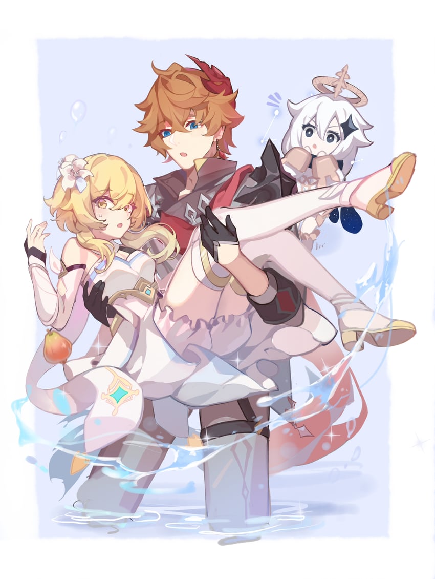 lumine, paimon, and tartaglia (genshin impact) drawn by yuanzazhihuishuijiao