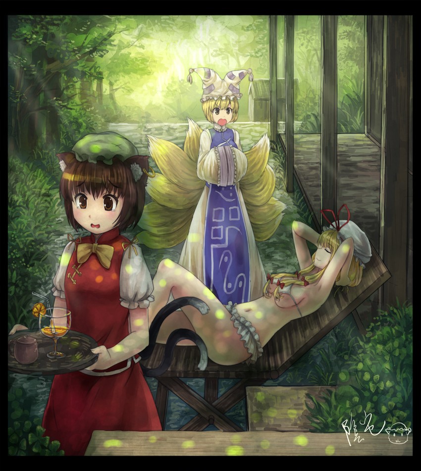 yakumo yukari, yakumo ran, and chen (touhou) drawn by yinzhai