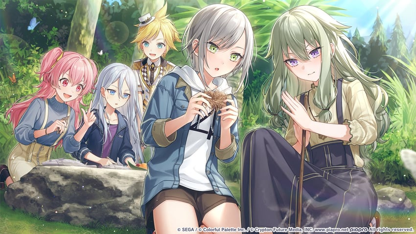 kagamine len, yoisaki kanade, kusanagi nene, momoi airi, hinomori shiho, and 1 more (vocaloid and 1 more) drawn by mairo