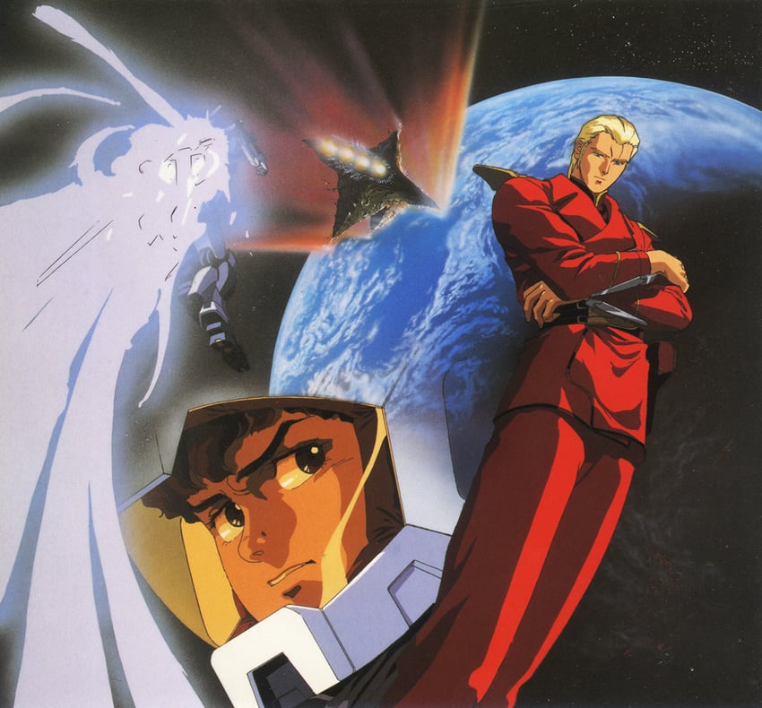 char aznable, amuro ray, and nu gundam (gundam and 1 more) drawn by kitazume_hiroyuki