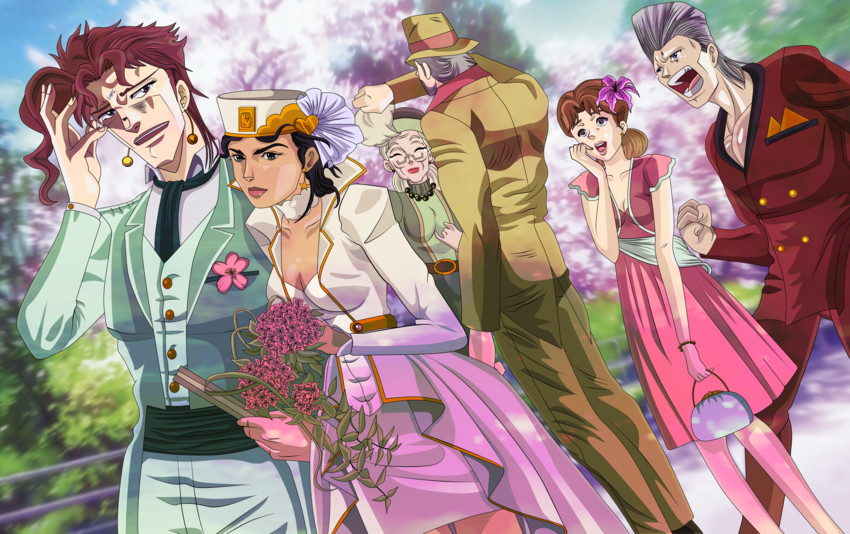 joseph joestar, kujo jotaro, kakyoin noriaki, jean pierre polnareff, and kujo holy (jojo no kimyou na bouken and 2 more) drawn by lady-jotaro