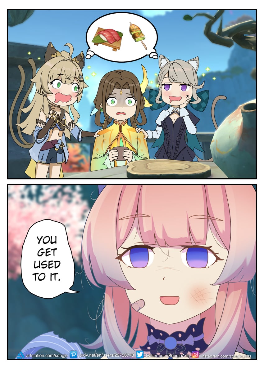 sangonomiya kokomi, lynette, kirara, and fujin (genshin impact and 1 more) drawn by songjo