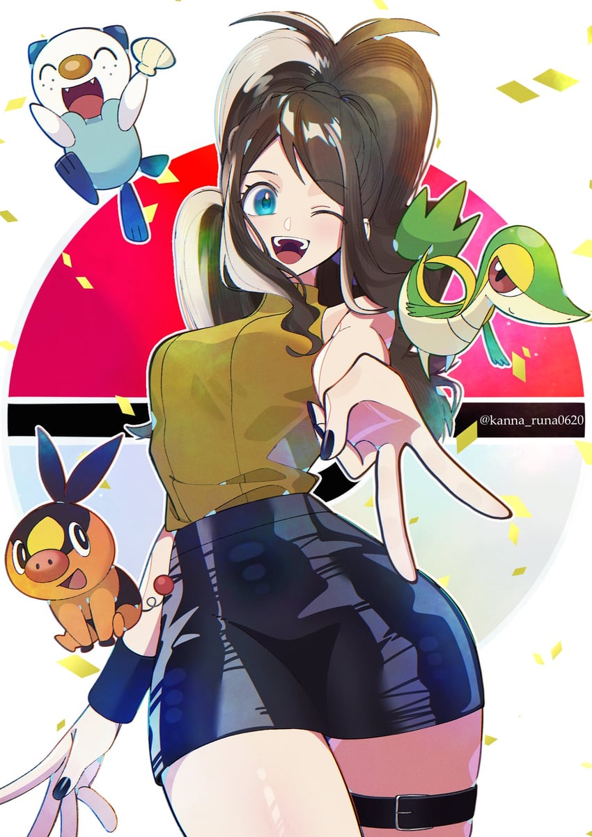 hilda, oshawott, snivy, and tepig (pokemon and 1 more) drawn by kana_(kanna_runa0620)