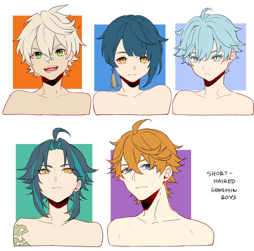 tartaglia, xiao, xingqiu, chongyun, and bennett (genshin impact) drawn by sushisalmon95