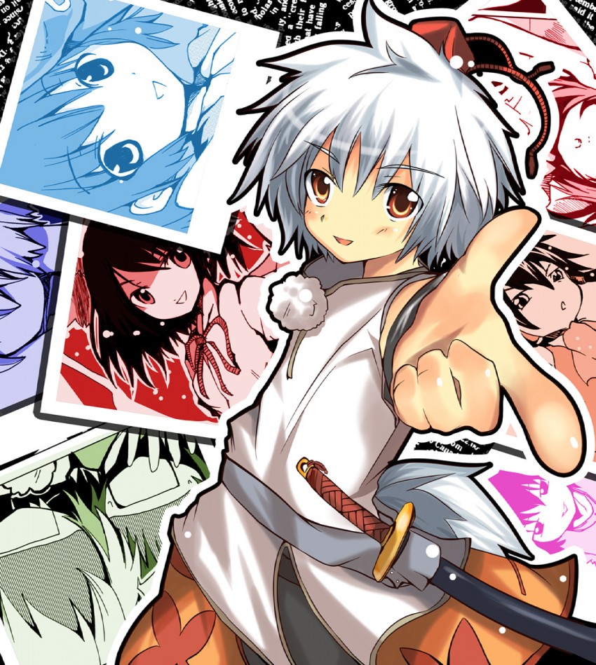 hakurei reimu, shameimaru aya, inubashiri momiji, kawashiro nitori, inaba tewi, and 2 more (touhou) drawn by maturiuta_sorato
