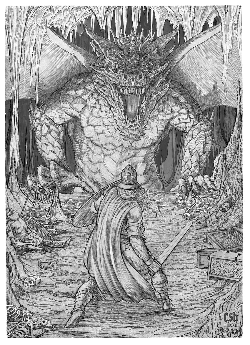 siegfried and fafnir (norse mythology) drawn by christian_sloan_hall